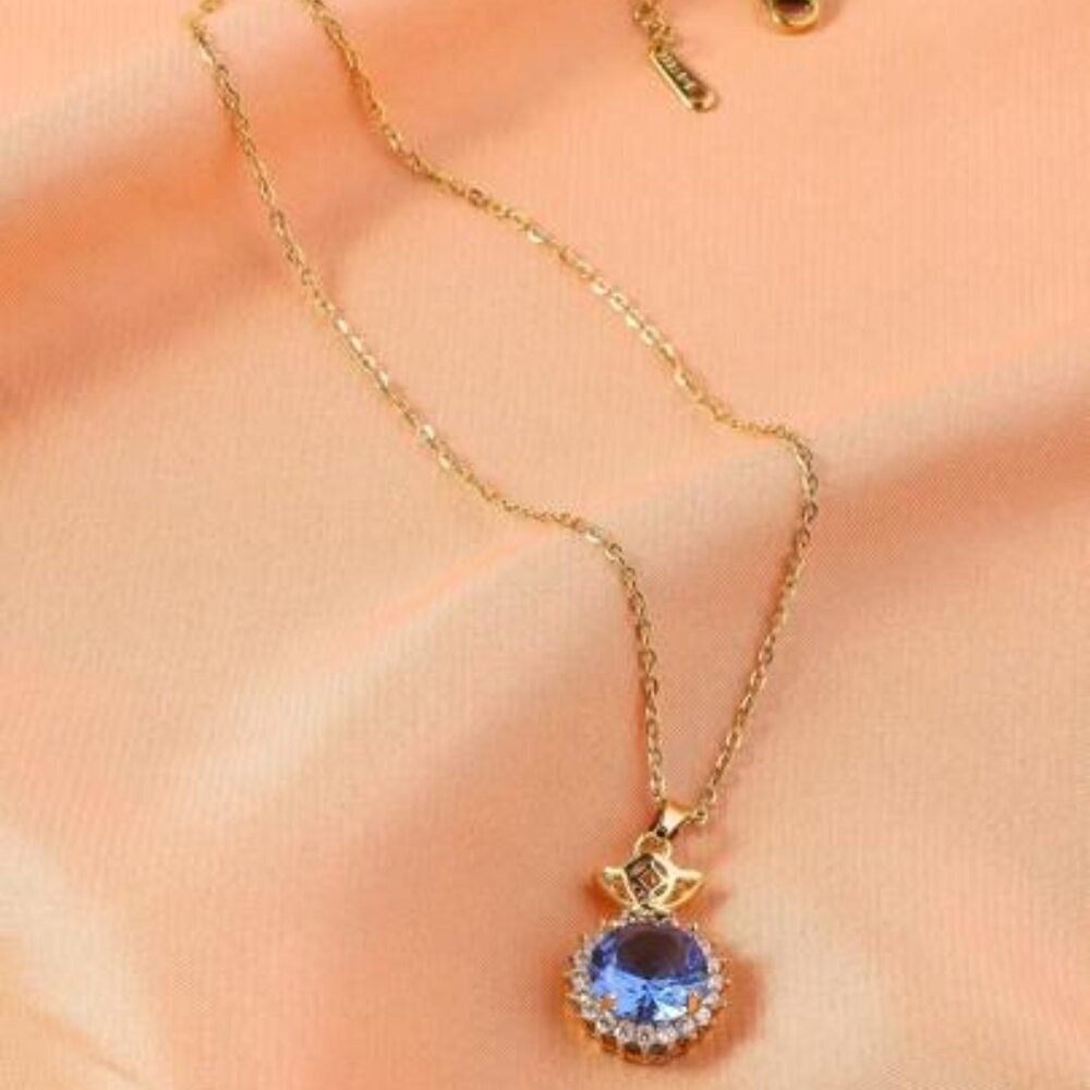 Elegant 18k Gold Filled Necklace with Blue Topaz Gemstone Pendant - - Picture 2 of 5
